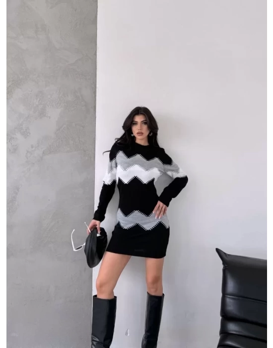 Kadın Uzun Kollu Zigzag Desen Triko Elbise