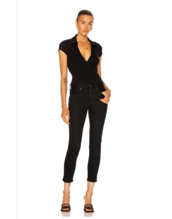 Kadın V Polo Yaka Kısa Kollu Ipek Jarse Bodysuit
