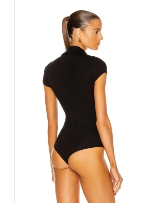 Kadın V Polo Yaka Kısa Kollu Ipek Jarse Bodysuit