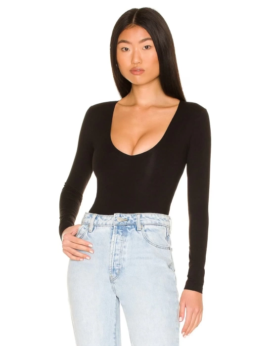 bysoca Kadın Siyah Geniş U Yaka Uzun Kollu Vücudu Saran İpek Jarse Tanga Basic Bodysuit
