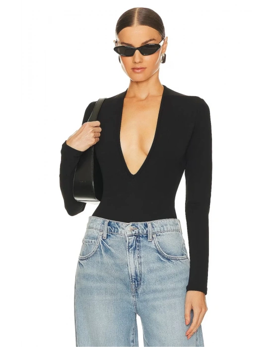 bysoca Kadın Siyah Derin V Yaka Uzun Kol Vücudu Saran Jarse Tanga Basic Bodysuit