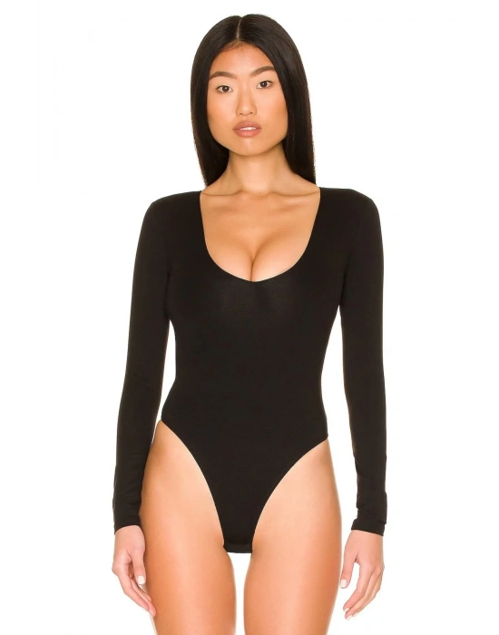 bysoca Kadın Siyah Geniş U Yaka Uzun Kollu Vücudu Saran İpek Jarse Tanga Basic Bodysuit
