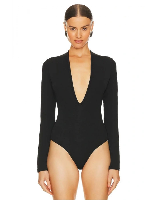 bysoca Kadın Siyah Derin V Yaka Uzun Kol Vücudu Saran Jarse Tanga Basic Bodysuit