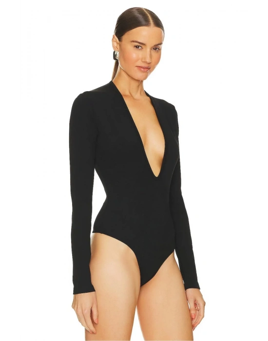 bysoca Kadın Siyah Derin V Yaka Uzun Kol Vücudu Saran Jarse Tanga Basic Bodysuit