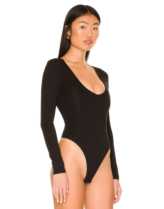 bysoca Kadın Siyah Geniş U Yaka Uzun Kollu Vücudu Saran İpek Jarse Tanga Basic Bodysuit