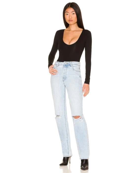 bysoca Kadın Siyah Geniş U Yaka Uzun Kollu Vücudu Saran İpek Jarse Tanga Basic Bodysuit
