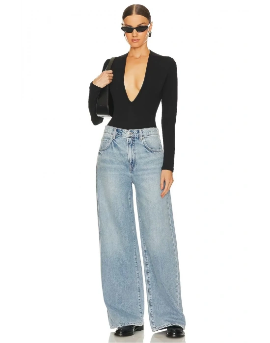 bysoca Kadın Siyah Derin V Yaka Uzun Kol Vücudu Saran Jarse Tanga Basic Bodysuit