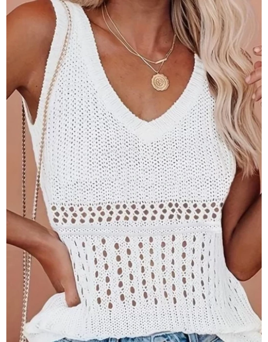 Kadın V Yaka Delikli örme Detay Triko Bluz