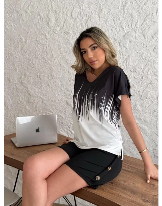 Kadın V Yaka Kısa Kol Kenarları Minik Yırtmaç Detaylı Dalgıç Bluz + Düğme Detaylı Dalgıç şort