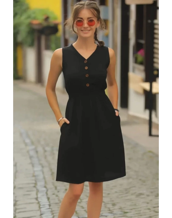 Kadın V Yakalı önden Düğme Detay Beli Lastikli Keten Kısa Elbise