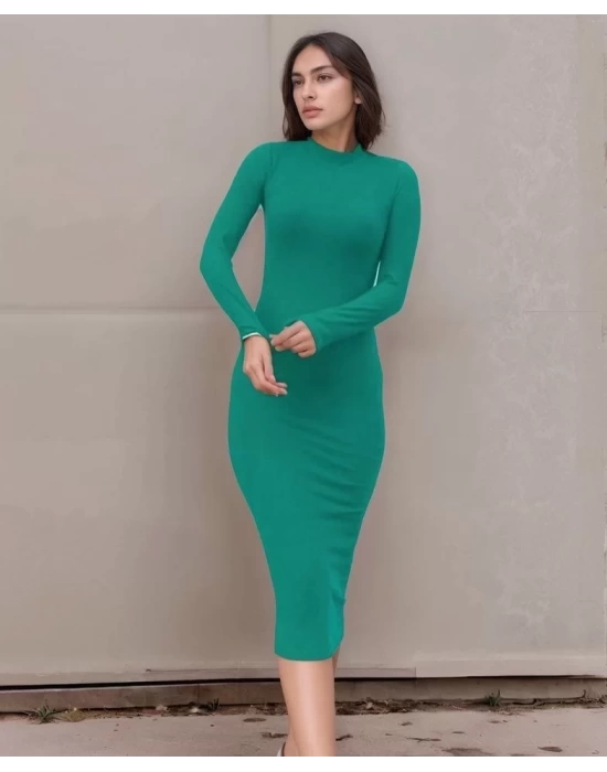 bysoca Kadın Yarım Balıkçı Yaka Uzun Kollu Vücudu Saran Süet Dokulu Kalem Midi Boy Elbise - Yeşil