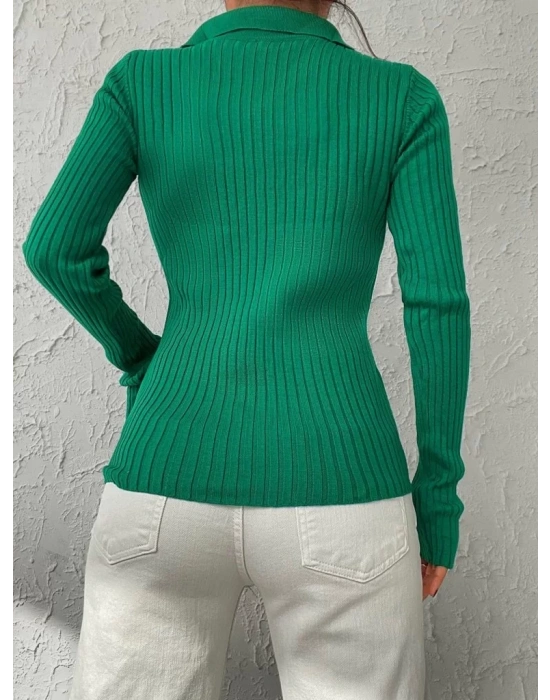 Kadın Yeşil Polo Yaka Parmak Detay Triko Bluz 2047