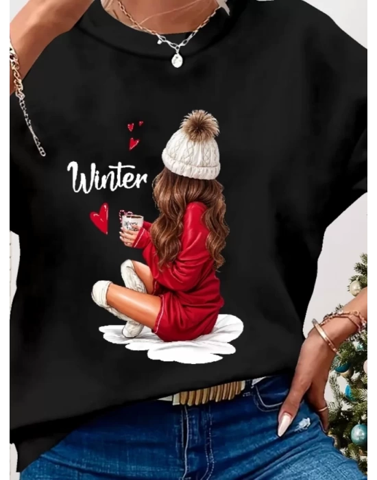 bysoca Kadın Günlük Kapşonlu Üç İplik Penye Basic SweatShirt - Siyah