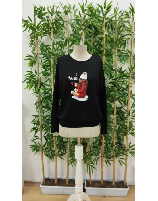 bysoca Kadın Günlük Kapşonlu Üç İplik Penye Basic SweatShirt - Siyah