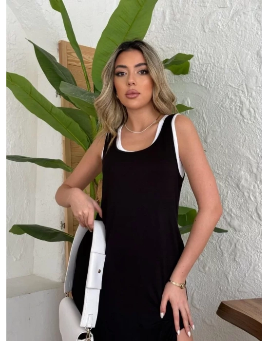 Kadın Yırtmaç Detaylı Viskon Kumaş Maxi Boy Cepli Iç Dahil Ikili Elbise