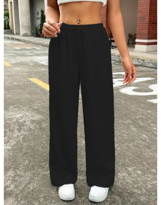 bysoca Kadın Yüksek Bel Beli Lastikli ve Bağcıklı Cepli Geniş Paça Bürümcük Pantolon - Siyah