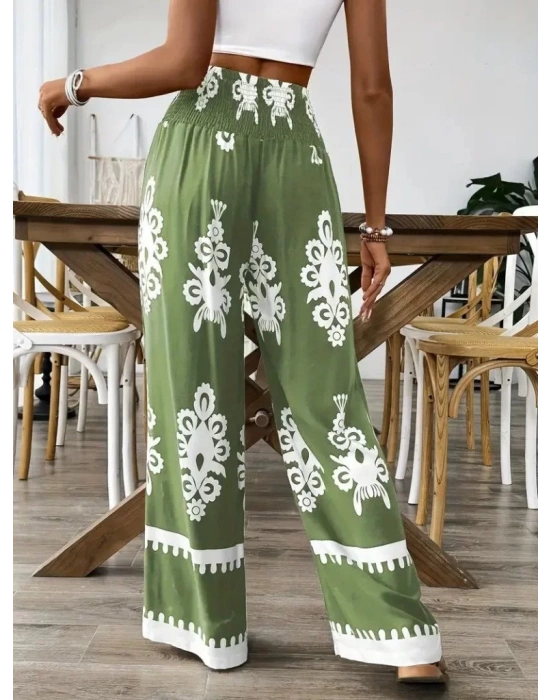 Kadın Yüksek Bel Büzgülü Etnik Desen Baskılı Süprem Pantolon