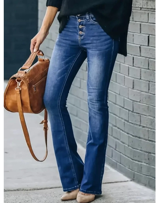 Kadın Yüksek Bel önden Düğmeli Cep Detay Ispanyol Paça Denim Pantolon