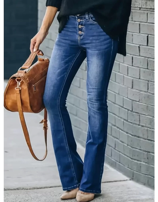 Kadın Yüksek Bel önden Düğmeli Cep Detay Ispanyol Paça Denim Pantolon