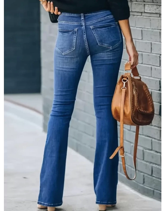 Kadın Yüksek Bel önden Düğmeli Cep Detay Ispanyol Paça Denim Pantolon