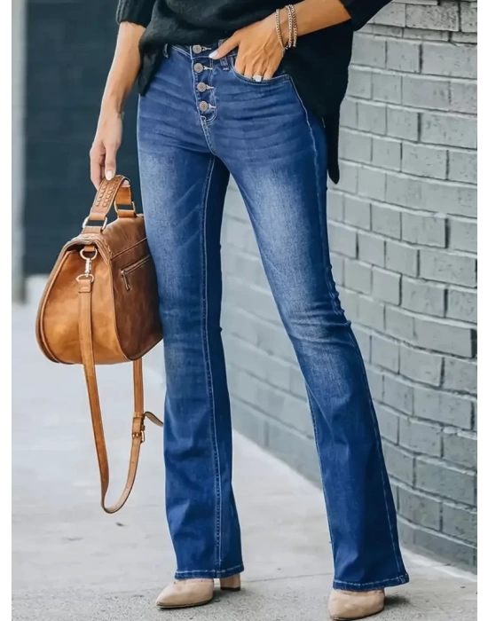 Kadın Yüksek Bel önden Düğmeli Cep Detay Ispanyol Paça Denim Pantolon