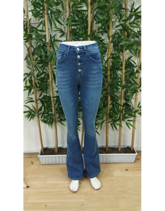 Kadın Yüksek Bel önden Düğmeli Cep Detay Ispanyol Paça Denim Pantolon