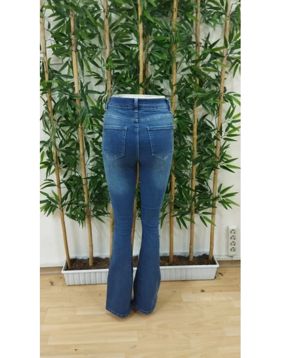 Kadın Yüksek Bel önden Düğmeli Cep Detay Ispanyol Paça Denim Pantolon