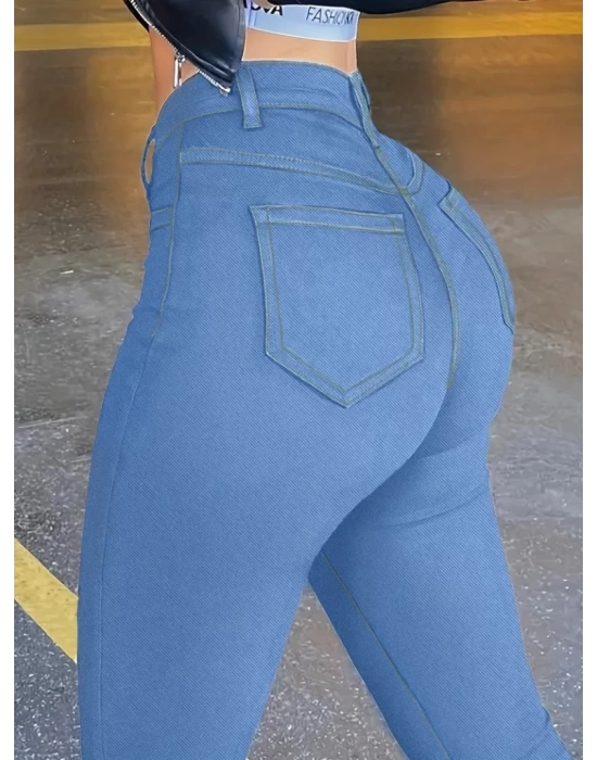 Kadın Yüksek Bel önden Düğmeli Dar Kesim Kot Pantolon