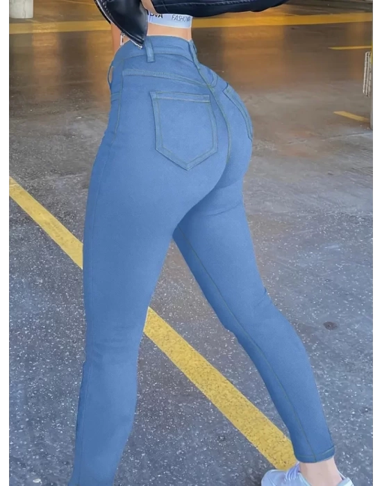 Kadın Yüksek Bel önden Düğmeli Dar Kesim Kot Pantolon