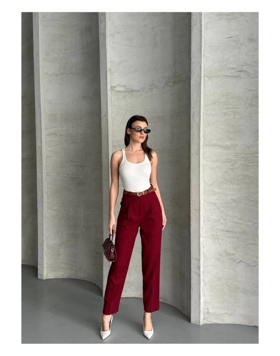 bysoca Kadın Bordo Yüksek Bel Pileli Straight Kemerli Havuç Kesim Kumaş Pantolon
