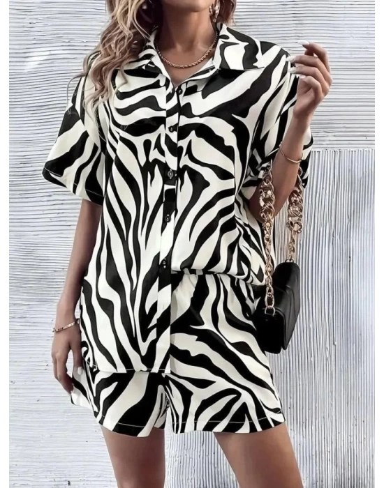Kadın Zebra Desenli Pamuk-Polyester Kumaş İkili Takım
