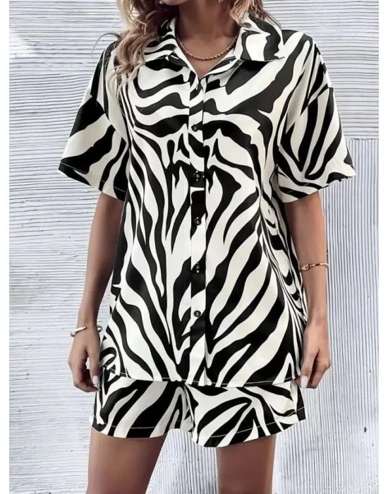 Kadın Zebra Desenli Pamuk-Polyester Kumaş İkili Takım