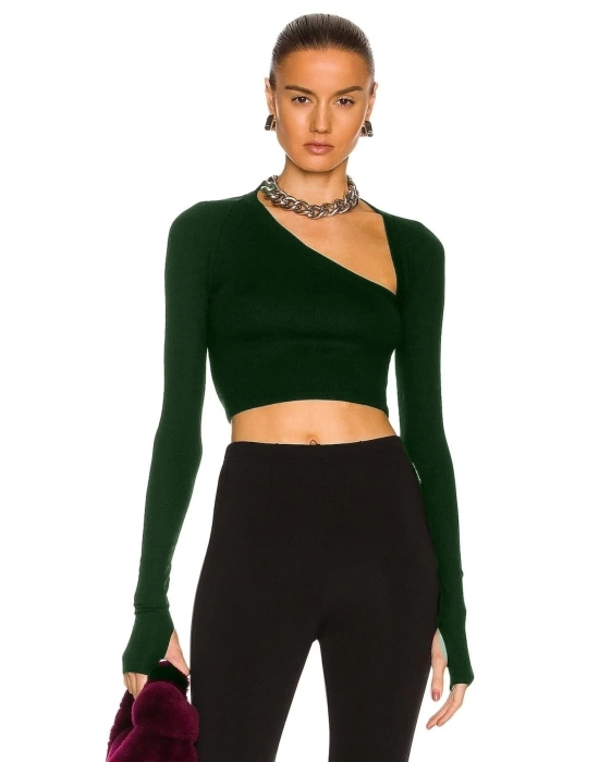 Kadın Zümrüt Yeşili Uzun Kol Ipek Jarse Crop Top