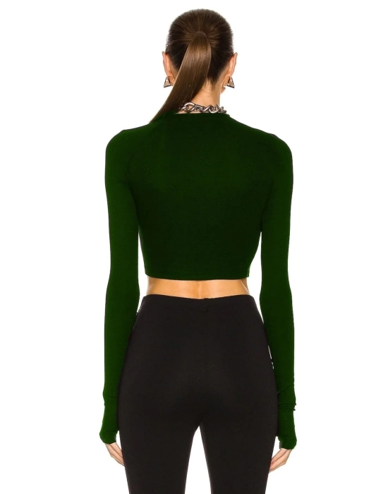 Kadın Zümrüt Yeşili Uzun Kol Ipek Jarse Crop Top
