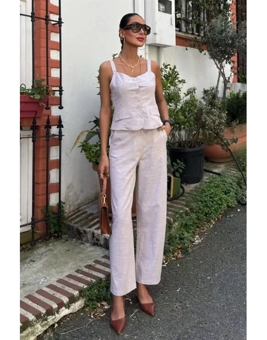 Kalın Askılı Bluz Pantolon Keten Takım 10187