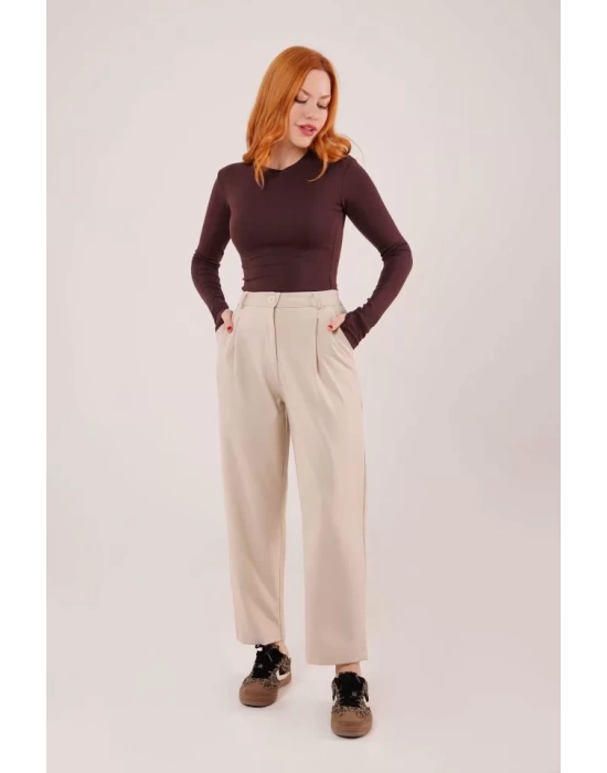 Kapama Cep Detaylı Krem Pantolon