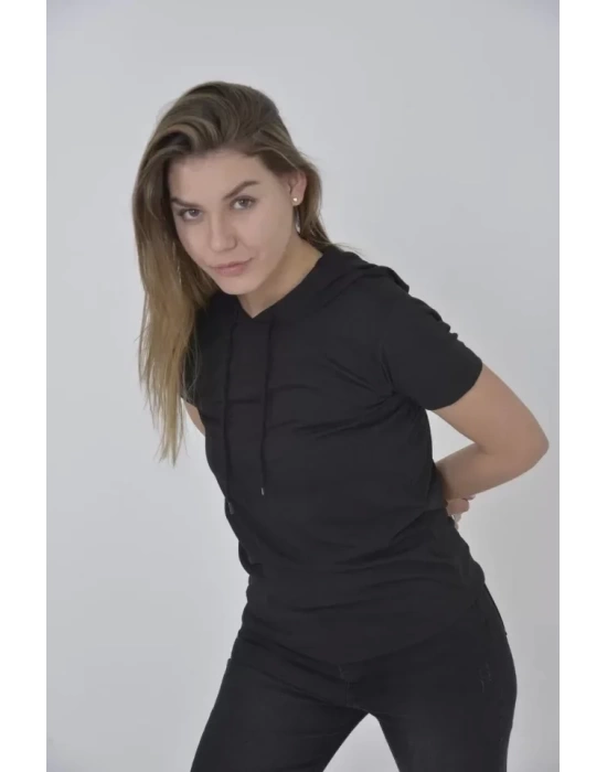 Kapşonlu Slim Fit T-shirt - Siyah