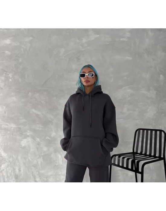 Kapşonlu Üç İplik Penye Basic SweatShirt - Füme