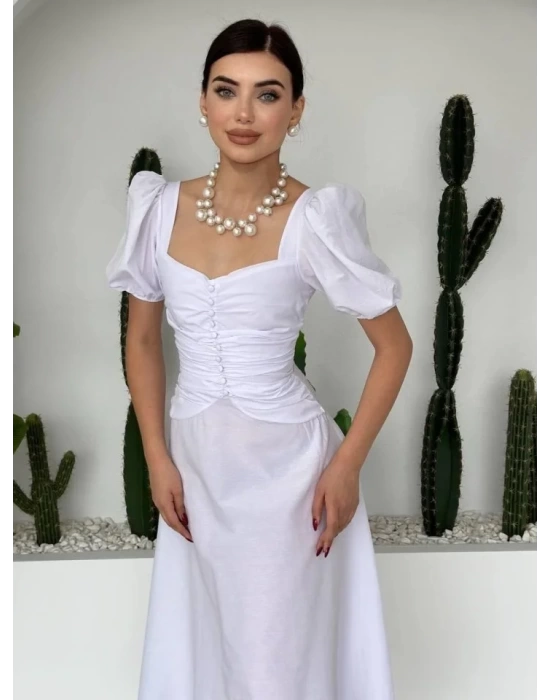Kare Yaka Düğmeli Elbise