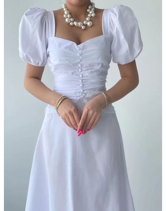Kare Yaka Düğmeli Elbise