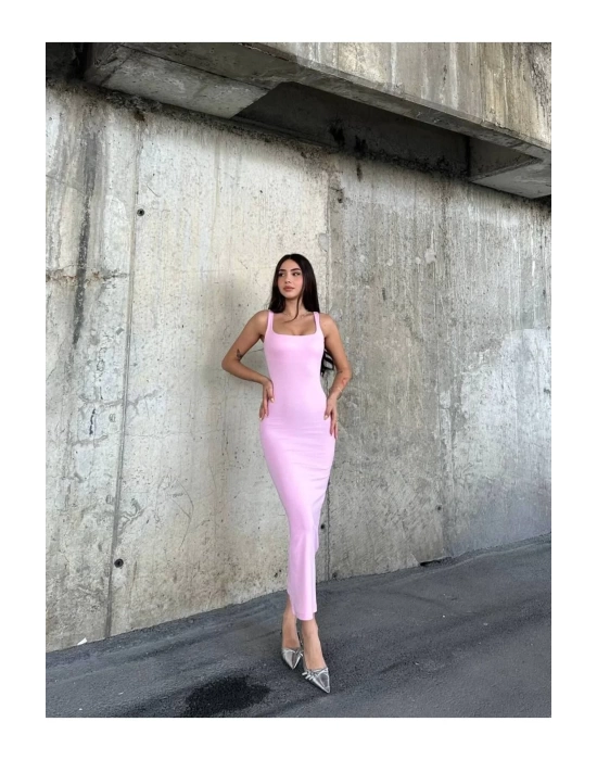 bysoca Kadın Pembe Kare Yaka Askılı Korsaj Detaylı Vücudu Saran Midi Boy Bodycon Elbise