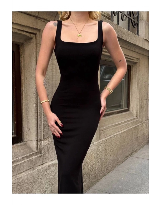 bysoca Kadın Siyah Kare Yaka Askılı Korsaj Detaylı Vücudu Saran Midi Boy Bodycon Elbise