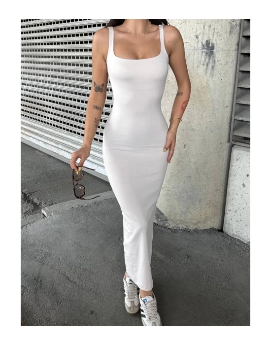 bysoca Kadın Ekru Kare Yaka Askılı Korsaj Detaylı Vücudu Saran Midi Boy Bodycon Elbise