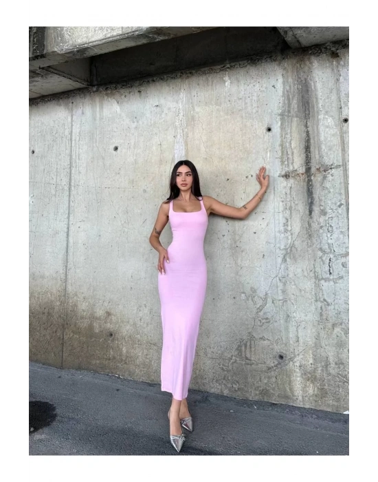 bysoca Kadın Pembe Kare Yaka Askılı Korsaj Detaylı Vücudu Saran Midi Boy Bodycon Elbise