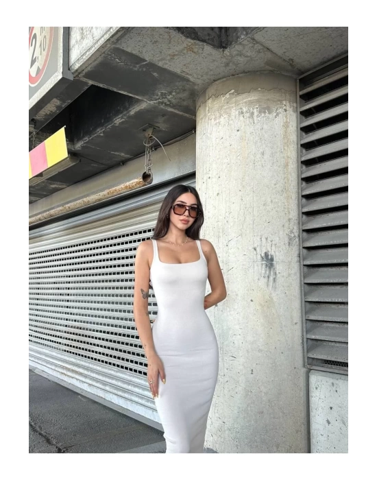bysoca Kadın Ekru Kare Yaka Askılı Korsaj Detaylı Vücudu Saran Midi Boy Bodycon Elbise