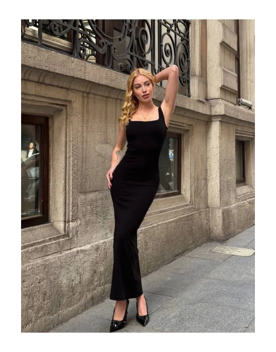 bysoca Kadın Siyah Kare Yaka Askılı Korsaj Detaylı Vücudu Saran Midi Boy Bodycon Elbise