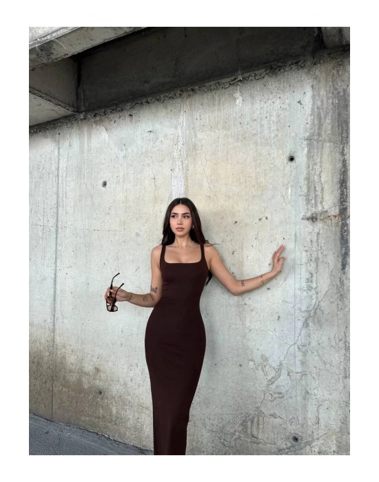 bysoca Kadın Kahverengi Kare Yaka Askılı Korsaj Detaylı Vücudu Saran Midi Boy Bodycon Elbise