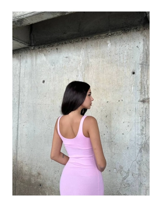 bysoca Kadın Pembe Kare Yaka Askılı Korsaj Detaylı Vücudu Saran Midi Boy Bodycon Elbise