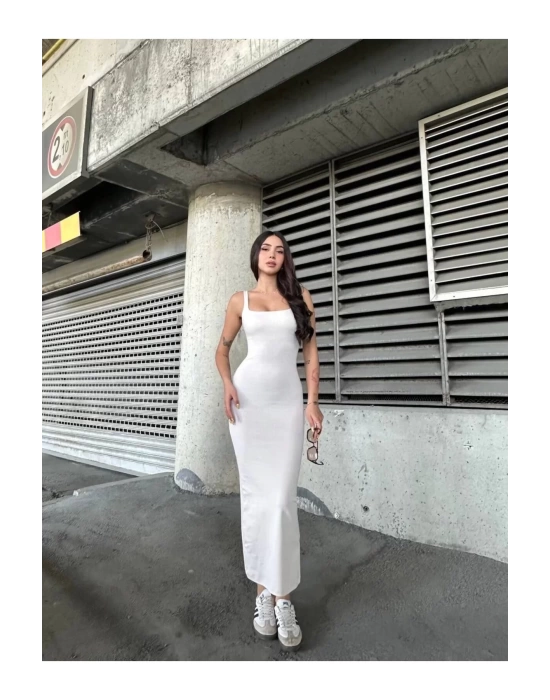 bysoca Kadın Ekru Kare Yaka Askılı Korsaj Detaylı Vücudu Saran Midi Boy Bodycon Elbise