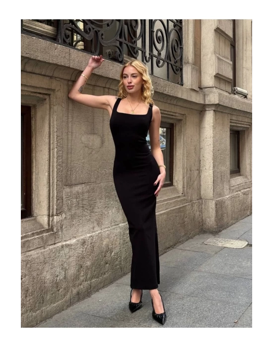 bysoca Kadın Siyah Kare Yaka Askılı Korsaj Detaylı Vücudu Saran Midi Boy Bodycon Elbise